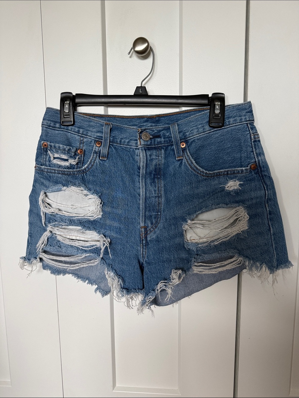Levi's Distressed Blue Denim Cutoff Shorts with Frayed Hem